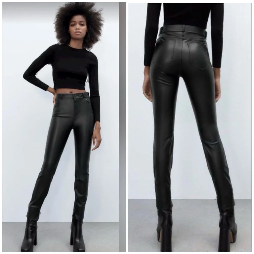 Zara Faux Leather black pants with ankle‎ zipper Size Small 5427